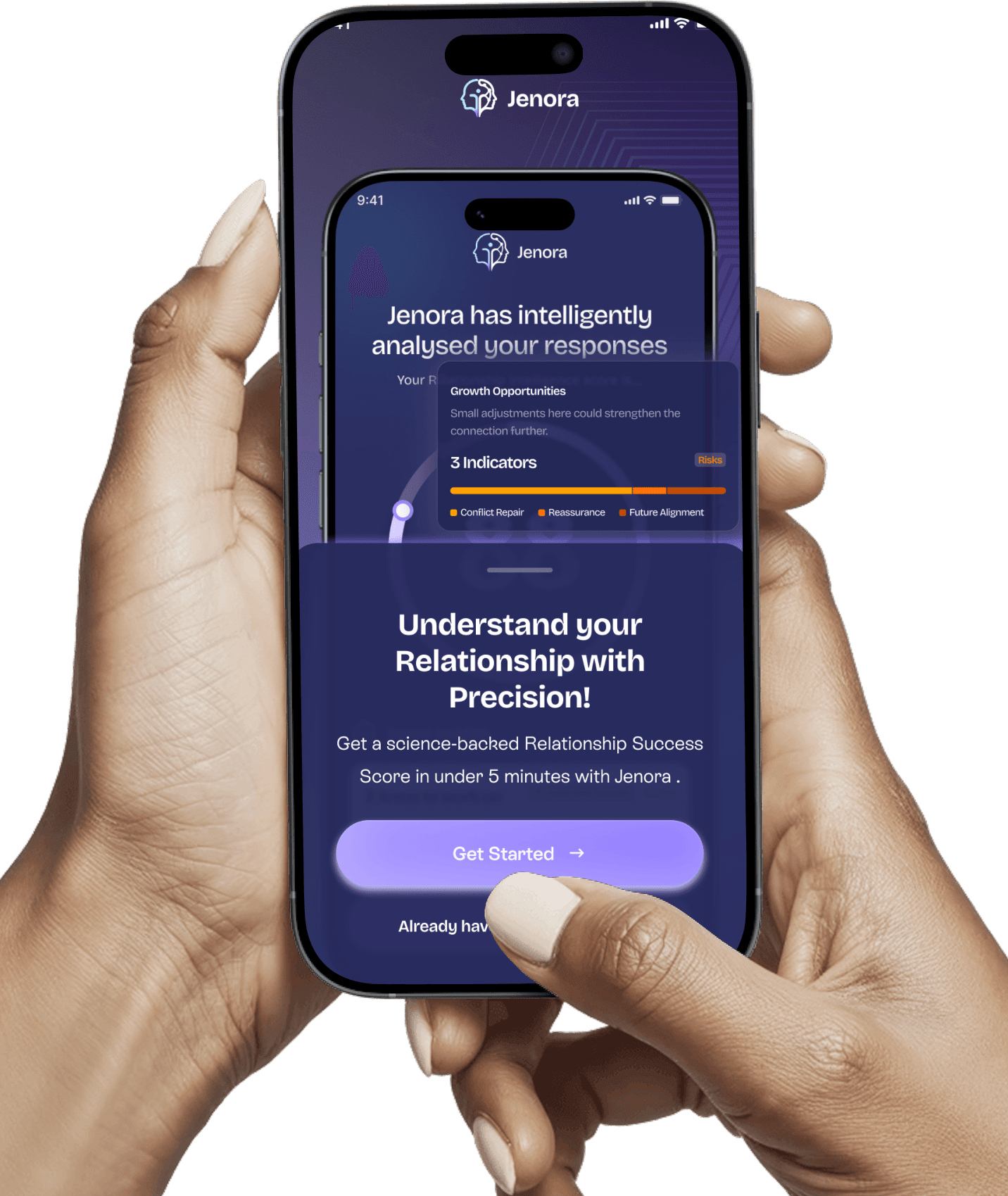 A person holding a phone showing the Jenora app