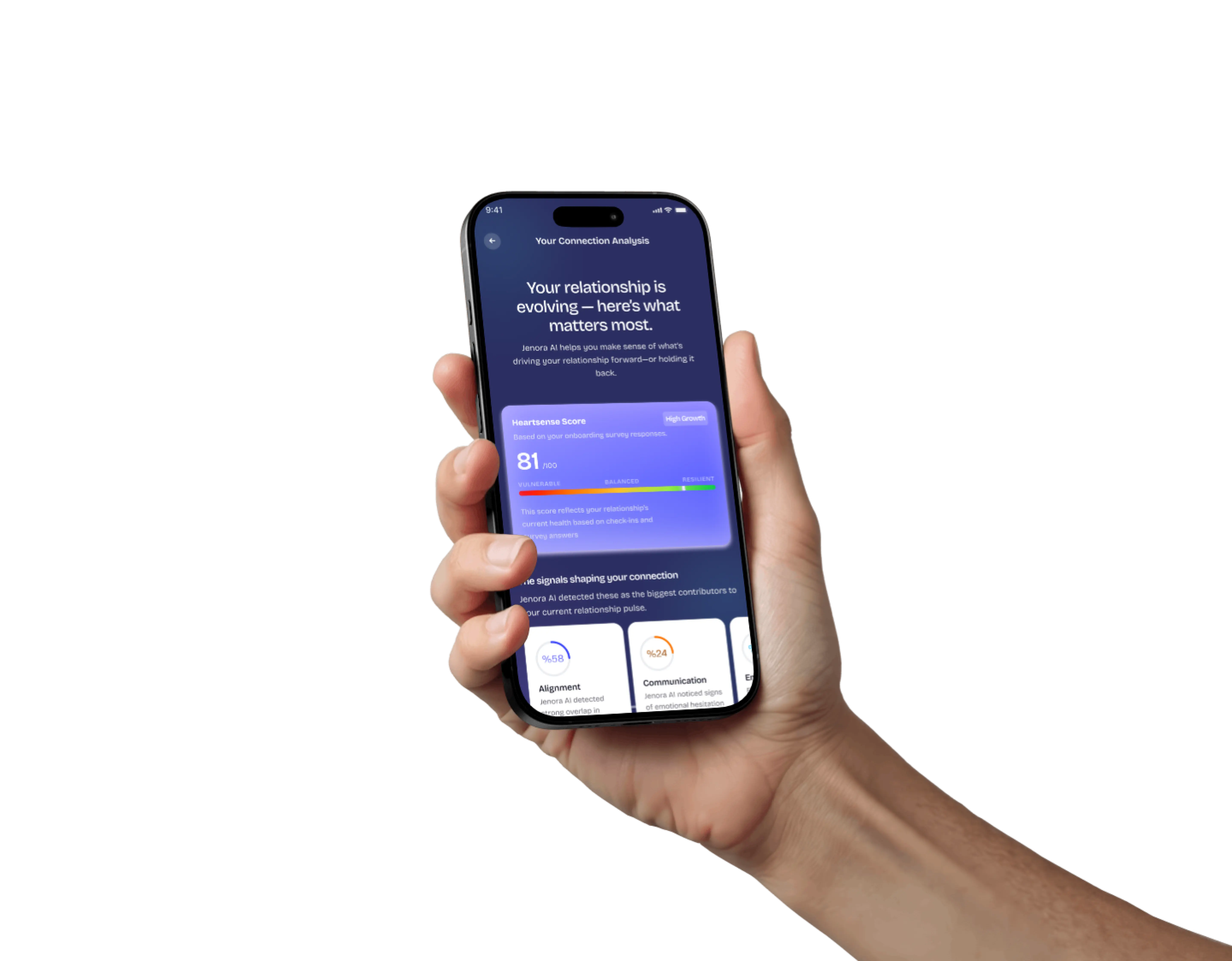 Hand holding iPhone showing the Jenora app